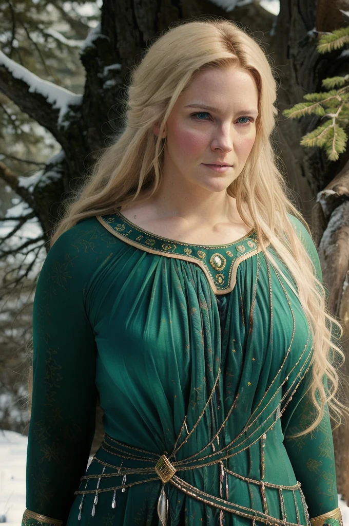 portrait painting of 1girl, 45 years old Woman, thick figure, heavy physique, massive breast, wide hips, Full figured woman, galadriel, elf, blonde hair, blue eyes, green dress,detailed skin, fantasy, snowy nordic forest, modelshoot style, (extremely detailed CG), photo of beautiful artwork, (Antonio Moro), (Jeremy Mann), High Detail, Sharp focus, dramatic, oil painting, realistic  