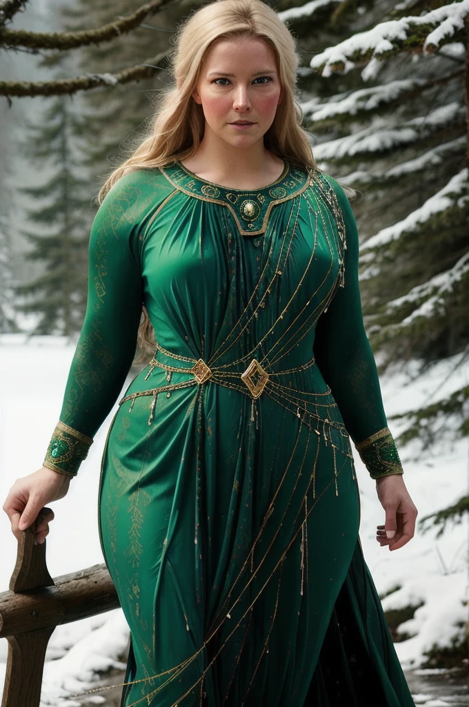 portrait painting of 1girl, 45 years old Woman, thick figure, heavy physique, massive breast, wide hips, Full figured woman, galadriel, elf, blonde hair, blue eyes, green dress,detailed skin, fantasy, snowy nordic forest, modelshoot style, (extremely detailed CG), photo of beautiful artwork, (Antonio Moro), (Jeremy Mann), High Detail, Sharp focus, dramatic, oil painting, realistic  