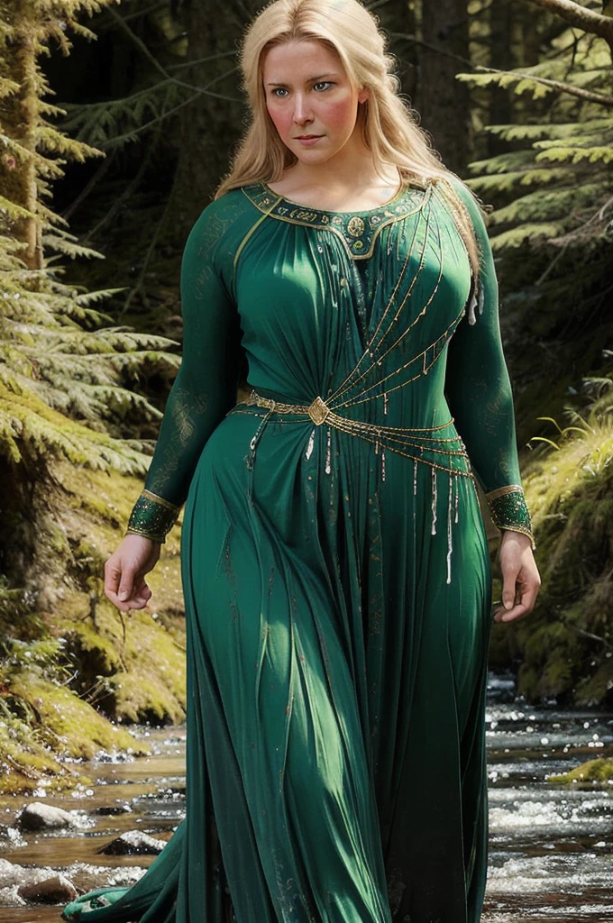 portrait painting of 1girl, 45 years old Woman, thick figure, heavy physique, massive breast, wide hips, Full figured woman, galadriel, elf, blonde hair, blue eyes, green dress,detailed skin, fantasy, snowy nordic forest, modelshoot style, (extremely detailed CG), photo of beautiful artwork, (Antonio Moro), (Jeremy Mann), High Detail, Sharp focus, dramatic, oil painting, realistic  