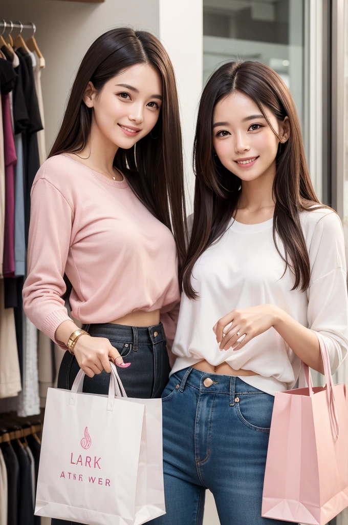  28 years old smiling stylish clothing store owner Long straight dark brown hair Pink shopping bag