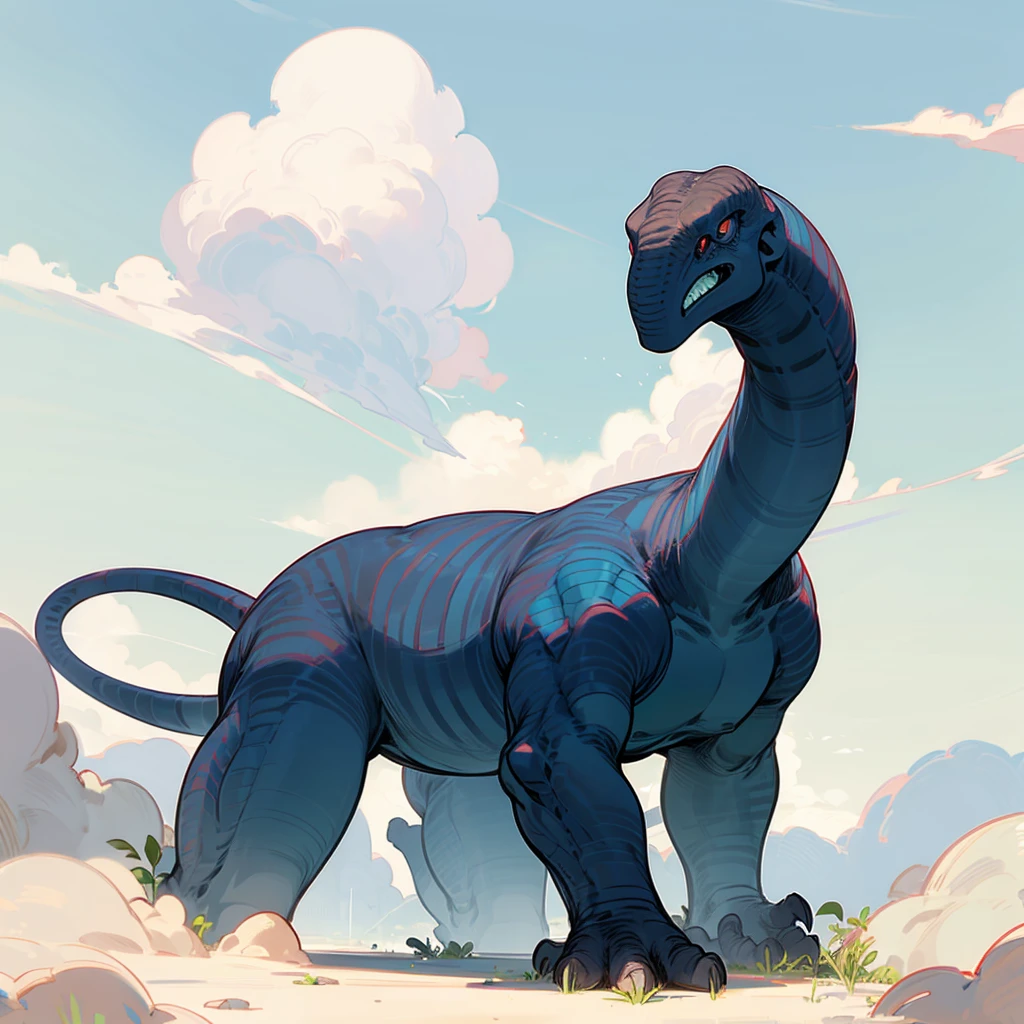 (Random Evolution), (Brontosaurus mixed with alien head and Titans body), full body version, red and blue color skins, (fat), (full black eyes), Grassroots, no background, (clouds)