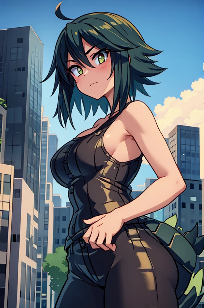 3d, godzilla chan, reptile tail, giantess, towering over a city, massive breasts, green short hair, golden eyes, on a street, massive oversized breast, tank top, giantess bumping a building
