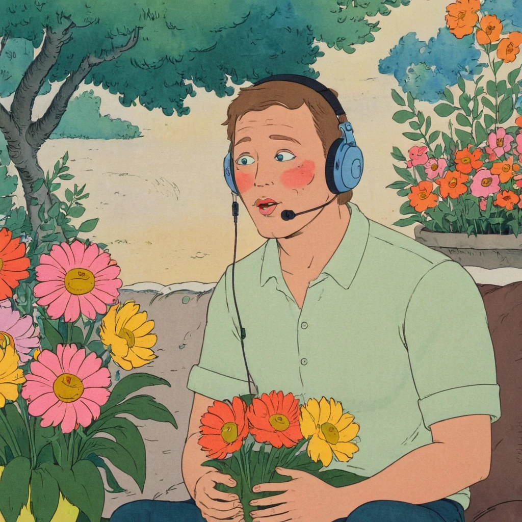 guy sits and listens to flowers flowers with eyes and mouth flowers talk