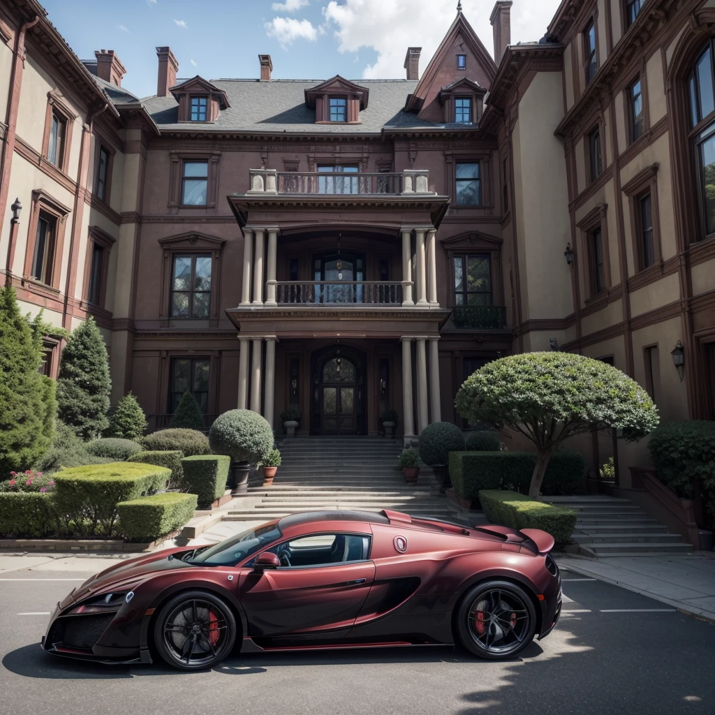 Take a super realistic photo of a considerably large mansion, On the sidewalk make me a red Bugatti and a matte black McLaren