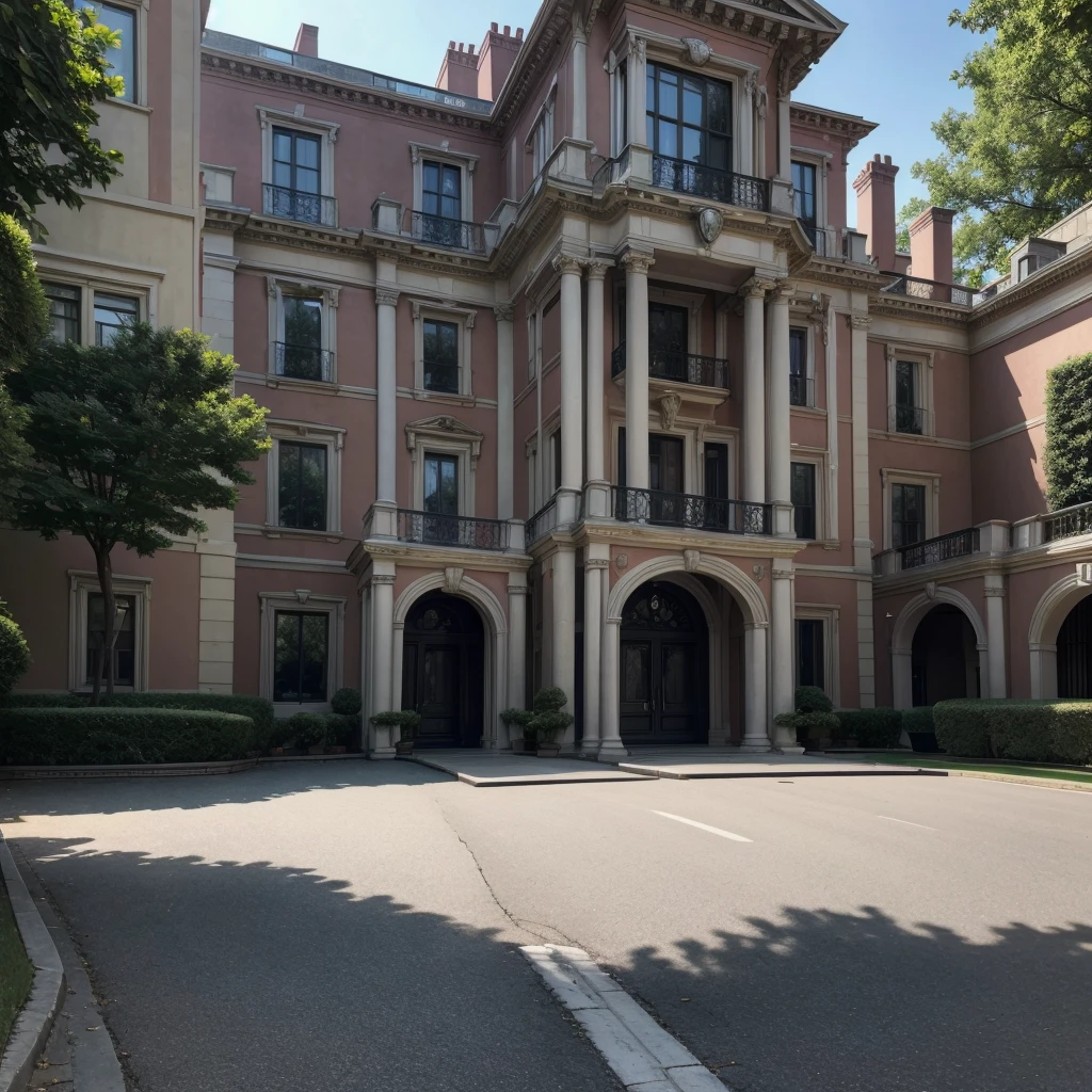 Take a super realistic photo of a considerably large mansion, On the sidewalk make me a red Bugatti and a matte black McLaren