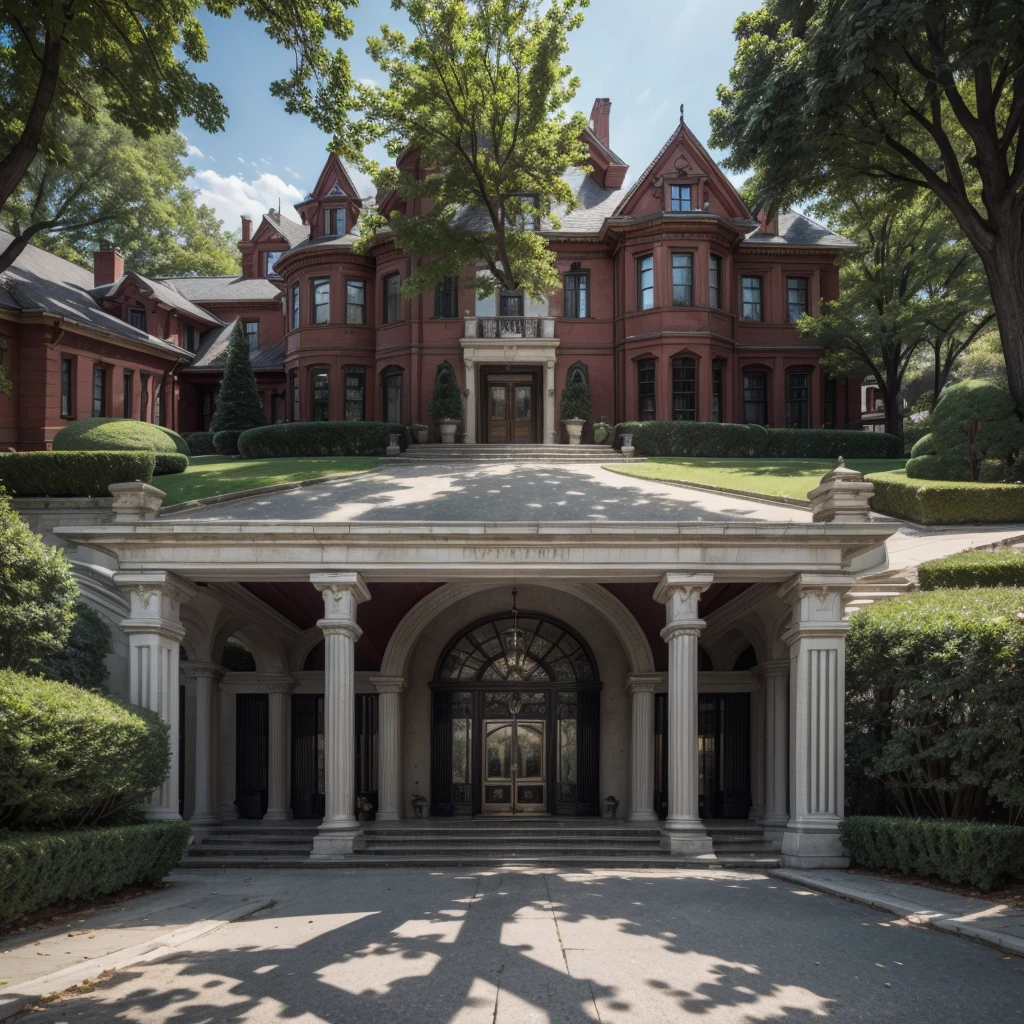 Take a super realistic photo of a considerably large mansion, On the sidewalk make me a red Bugatti and a matte black McLaren