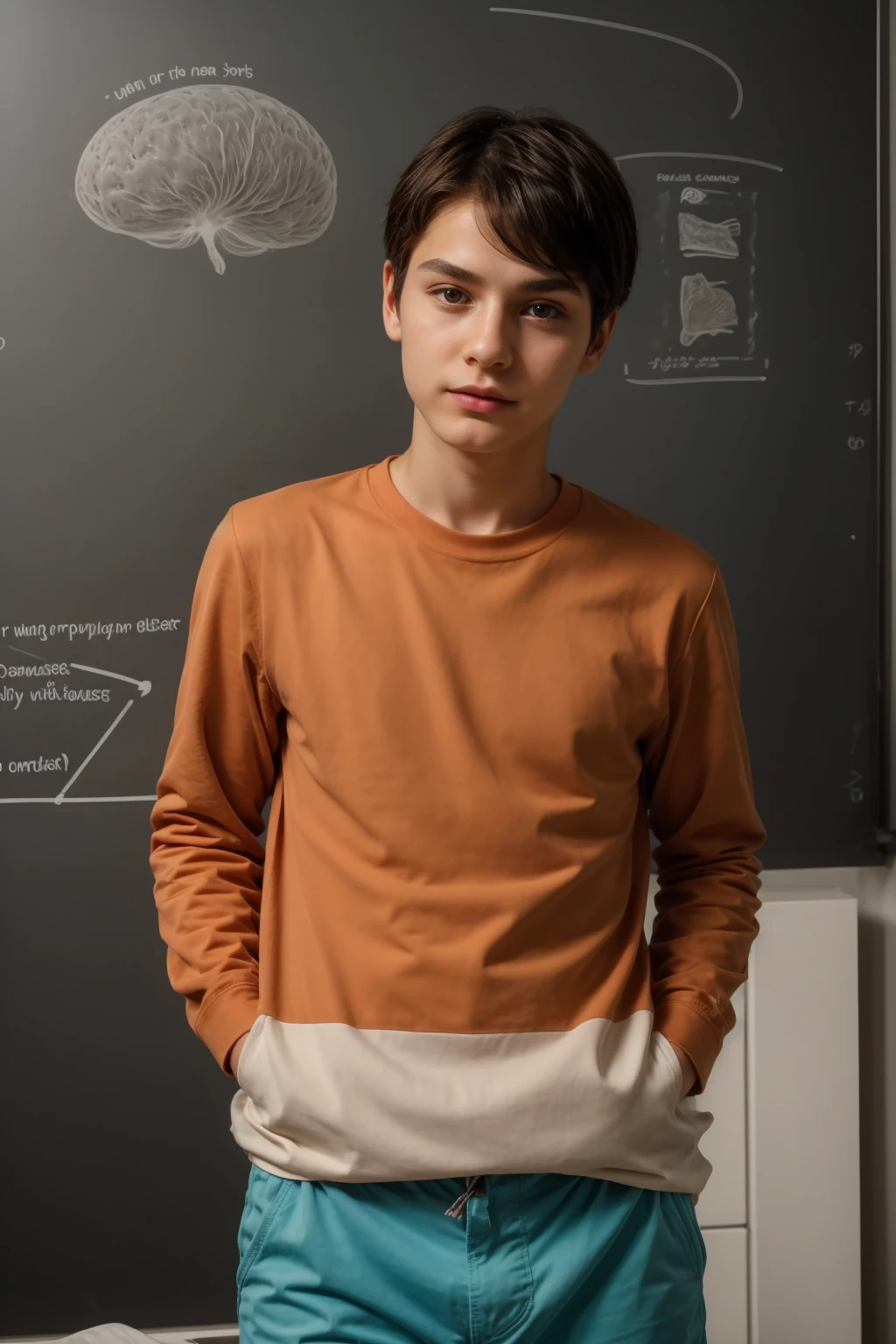 A beautiful young male twink, cute, with black hair and a face with reddish makeup, wearing a bright white long-sleeved shirt and aqua blue pants, and he is in his office, and behind him is a blackboard on which is written the shape of the brain and its anatomy, and nuclear energy comes out of it, and he has an innocent face with makeup. And red cheeks