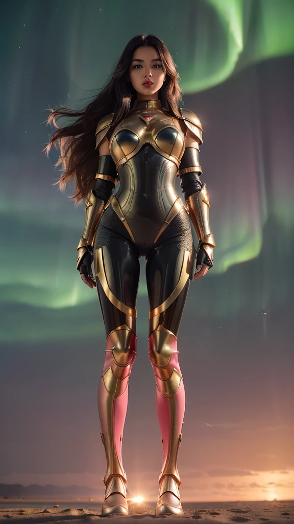 (((best quality)), ((masterpiece)), (ultra detailed), full body shot, indonesian girl, extremely beautiful, 20 years old, green curvy-hair, ((hair blown by strong winds :1.3)), Award-winning photograph, photography of a  girl, slim face, extremely beautiful, ultra details armor, ultra details skin, sharp armor texture, crisp picture, ((full make ups)), ((pink blushing)), ((red lips)), ((wearing tight steel-armor)), ((full body armor)), ((tight latex panty)), ((thighs armor)), ((slim body shape)), ((gold and black armor)), no head cover, ((symmetrical body pose)), model posing in the middle, epic backlights, night at beach, full of stars, orange clouds, nebula, ((aurora Borealis)), shooting stars, from belowl