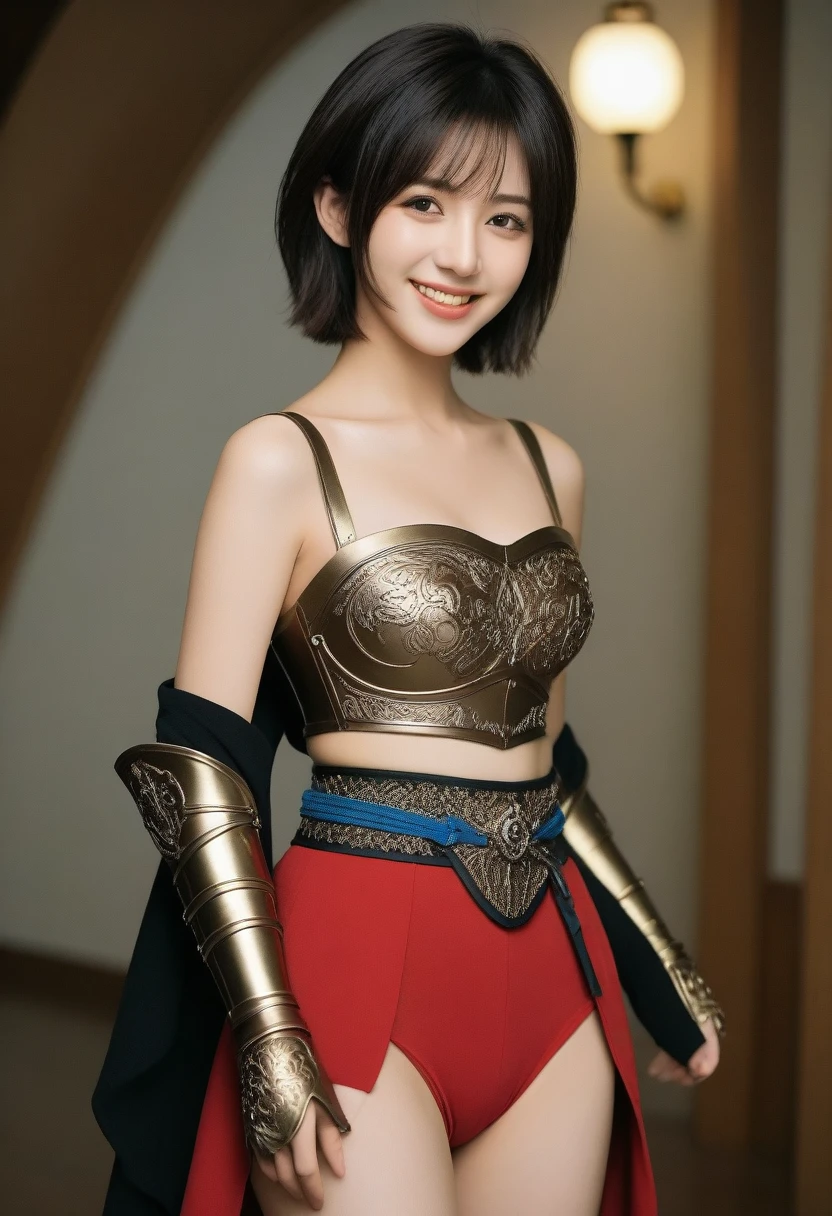 8K, Ultra-high resolution, Highest quality, masterpiece, 三分割法によるphotograph,Surreal, photograph, 1 Girl, (:1.3), pretty girl, Cute face, Beautiful eyes in every detail, 細かくdetailedに,masterpiece,, One Girl:1.2, Japan Female Announcer,whole body,{{{Browsing Caution:1.5}}},{{{Grab your chest:1.5}}},{{{Browsing Caution:1.5}}},{Highest quality}, {Very beautiful}, {非常にdetailedな}, {The best An illustration}, masterpiece,{{{Skirt flip:1.5}}},((Showing off her micro pants)),((Holy Knight)), ((Bronze armor))、((((Extremely detailed and intricately decorated armor:1.1)))),Red Cowboy Shot,smooth udder 、(Golden Ratio,Tabletop, colorful,最高のdetailed,An illustration, Great scene, (Adult,16 years oldlone, Final Fantasy 12,Asheria:1.5,short hair,Bobcut,Black Hair:1.2, mini skirt,Knee socks, Attractive thighs, Sensual,A carefree smile,Heal the heart,Black Hair,Short Bob,Looking at the audience、beauty,Long neck、Laugh a little、Please close your mouth and laugh、(((Ideal body type))),A cup small breasts :2,、Portraiture:2、Perfect Anatomy、鮮明なdetailed、detailed、Surreal、Light and shadow,Strong light