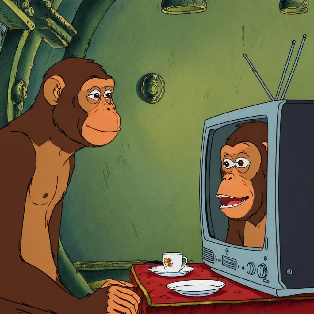 the guy looks surprised at the TV there is a funny monkey on the TV 