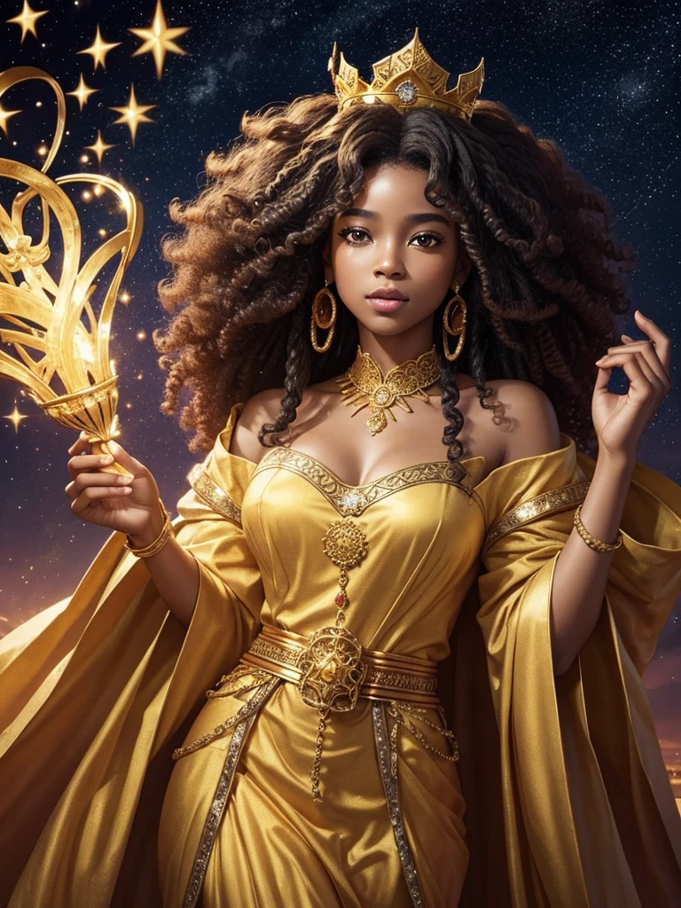 afro-descendant queen character with curly hair, wearing long clothes, personality would be, with golden crown on his head, wearing gold jewelry, starry sky around