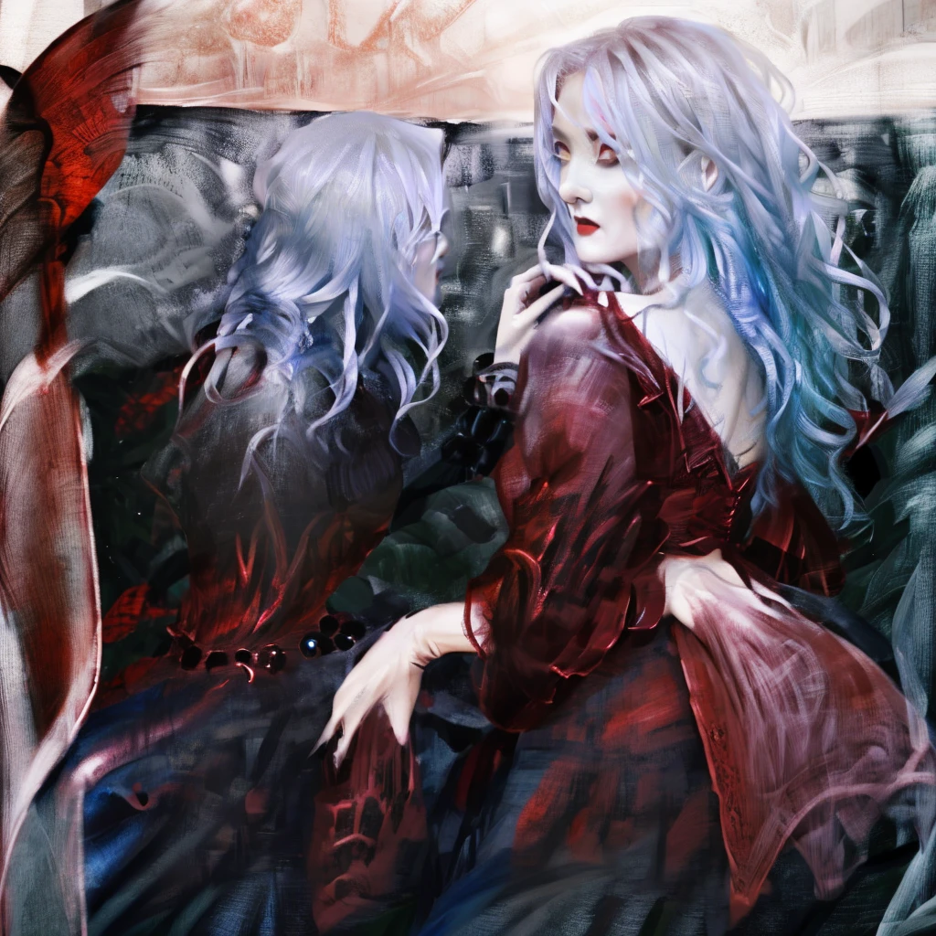 (((remilia scarlet))), beautiful detailed eyes, beautiful detailed lips, extremely detailed face and features, porcelain skin, long silver-blue hair, elegant pink dress, black bat wings, vampire, dark moody background, dramatic lighting, mysterious and alluring, highly detailed, 8k, photorealistic, fantasy portrait