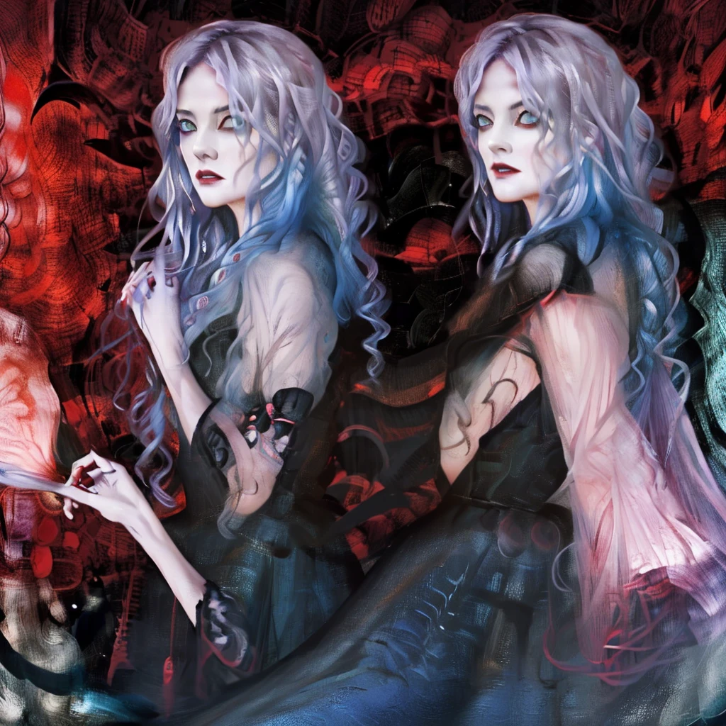 (((remilia scarlet))), beautiful detailed eyes, beautiful detailed lips, extremely detailed face and features, porcelain skin, long silver-blue hair, elegant pink dress, black bat wings, vampire, dark moody background, dramatic lighting, mysterious and alluring, highly detailed, 8k, photorealistic, fantasy portrait
