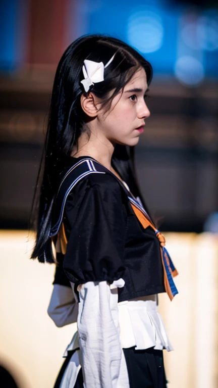 Masterpiece, best quality, ultra high res, realistic, (photorealistic:1.4), photography, rule of third, 1girl, (the girl wearing black sailor uniform), night, city light, cinematic lighting, 80s filter, detailed face , looking at viewer, front view, 80s movie, profile picture, side profile