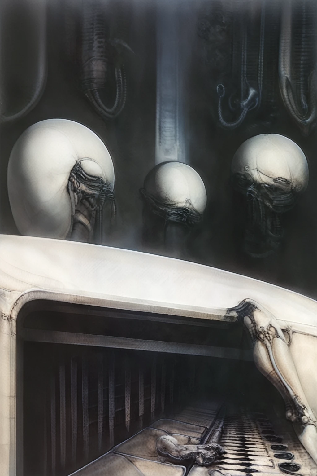 Giger_style, The image is a detailed view of H.R. Giger's \" chakhmate \" plate,
Create biomechanical tableau in h r giger's style. It is called “Schachmatt” (Checkmate) by H. R. Giger and was created in 1979.
The tableau depicts a nightmarish Thanksgiving dinner scene. A skeletal family sits around a table overflowing with grotesque food items. The skeletal figures are all different shapes and sizes, and they are posed in a way that suggests tension and unease. The table is made of bone, and the chairs are made of twisted metal. The food on the table includes rotting flesh, bones, and other disturbing items
The painting is a nightmarish biomechanical scene. In the center of the composition is a chessboard with several chess pieces scattered around it. The background is filled with industrial pipes and tubes. The overall feel is one of decay and desolation.
Giger’s signature artistic style, biomechanical surrealism, is on full display in this piece. Biomechanical surrealism combines human anatomy with machines. The skeletal figures in the painting are fused with mechanical parts, creating a disturbing and unsettling effect.
Here’s a more detailed description of the composition:
In the center foreground is a metallic chessboard with several metallic chess pieces scattered around it.
To the right of the chessboard is a skeletal figure hunched over tribune.
The art performance showcases the artist’s skills in observation and rendering. The level of detail in the piece suggests a close study of real bone specimens and anatomy. The artist has skillfully used shading techniques to create a convincing illusion of three-dimensionality on a flat surface.The wrinkles and cracks in the surface, and the cast shadows with accuracy, used shading techniques to create a realistic depiction of light and shadow on the objects. This creates a sense of depth and dimension in the image
The style is clearly biomechanical. Features combination of organic and mechanical forms. Mechan