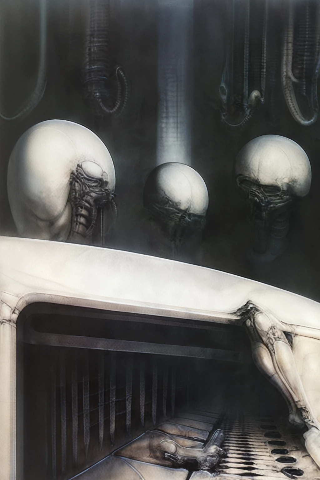 Giger_style, The image is a detailed view of H.R. Giger's \" chakhmate \" plate,
Create biomechanical tableau in h r giger's style. It is called “Schachmatt” (Checkmate) by H. R. Giger and was created in 1979.
The tableau depicts a nightmarish Thanksgiving dinner scene. A skeletal family sits around a table overflowing with grotesque food items. The skeletal figures are all different shapes and sizes, and they are posed in a way that suggests tension and unease. The table is made of bone, and the chairs are made of twisted metal. The food on the table includes rotting flesh, bones, and other disturbing items
The painting is a nightmarish biomechanical scene. In the center of the composition is a chessboard with several chess pieces scattered around it. The background is filled with industrial pipes and tubes. The overall feel is one of decay and desolation.
Giger’s signature artistic style, biomechanical surrealism, is on full display in this piece. Biomechanical surrealism combines human anatomy with machines. The skeletal figures in the painting are fused with mechanical parts, creating a disturbing and unsettling effect.
Here’s a more detailed description of the composition:
In the center foreground is a metallic chessboard with several metallic chess pieces scattered around it.
To the right of the chessboard is a skeletal figure hunched over tribune.
The art performance showcases the artist’s skills in observation and rendering. The level of detail in the piece suggests a close study of real bone specimens and anatomy. The artist has skillfully used shading techniques to create a convincing illusion of three-dimensionality on a flat surface.The wrinkles and cracks in the surface, and the cast shadows with accuracy, used shading techniques to create a realistic depiction of light and shadow on the objects. This creates a sense of depth and dimension in the image
The style is clearly biomechanical. Features combination of organic and mechanical forms. Mechan