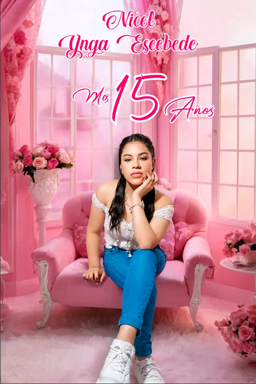 there is a woman sitting on a pink sofa in a room, she is about 16 years old, 16 years old, album cover, album art, art cover, album art cover, Alanis Guillén, por Reyna Rochín, cover art, music album cover, lorena avarez, an album cover, pd, new album cover, album cover!