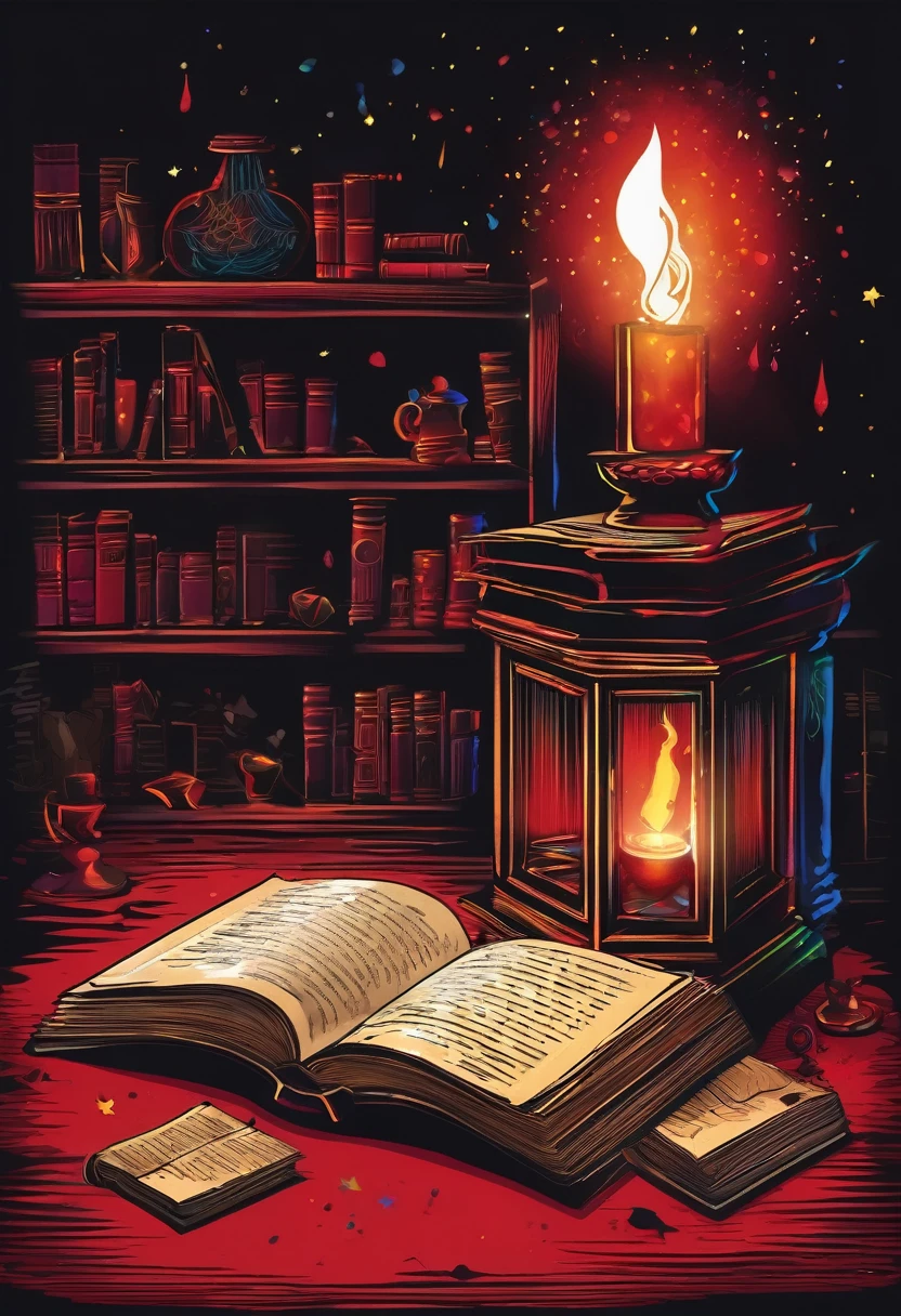 An illustration of an open magic book,emitting red light,There are many retro magic books and several colorful potion bottles on the floor in front of the magic books, bloodstains.,Studying a magic book,depuration、An atmosphere full of black magic,darkness background