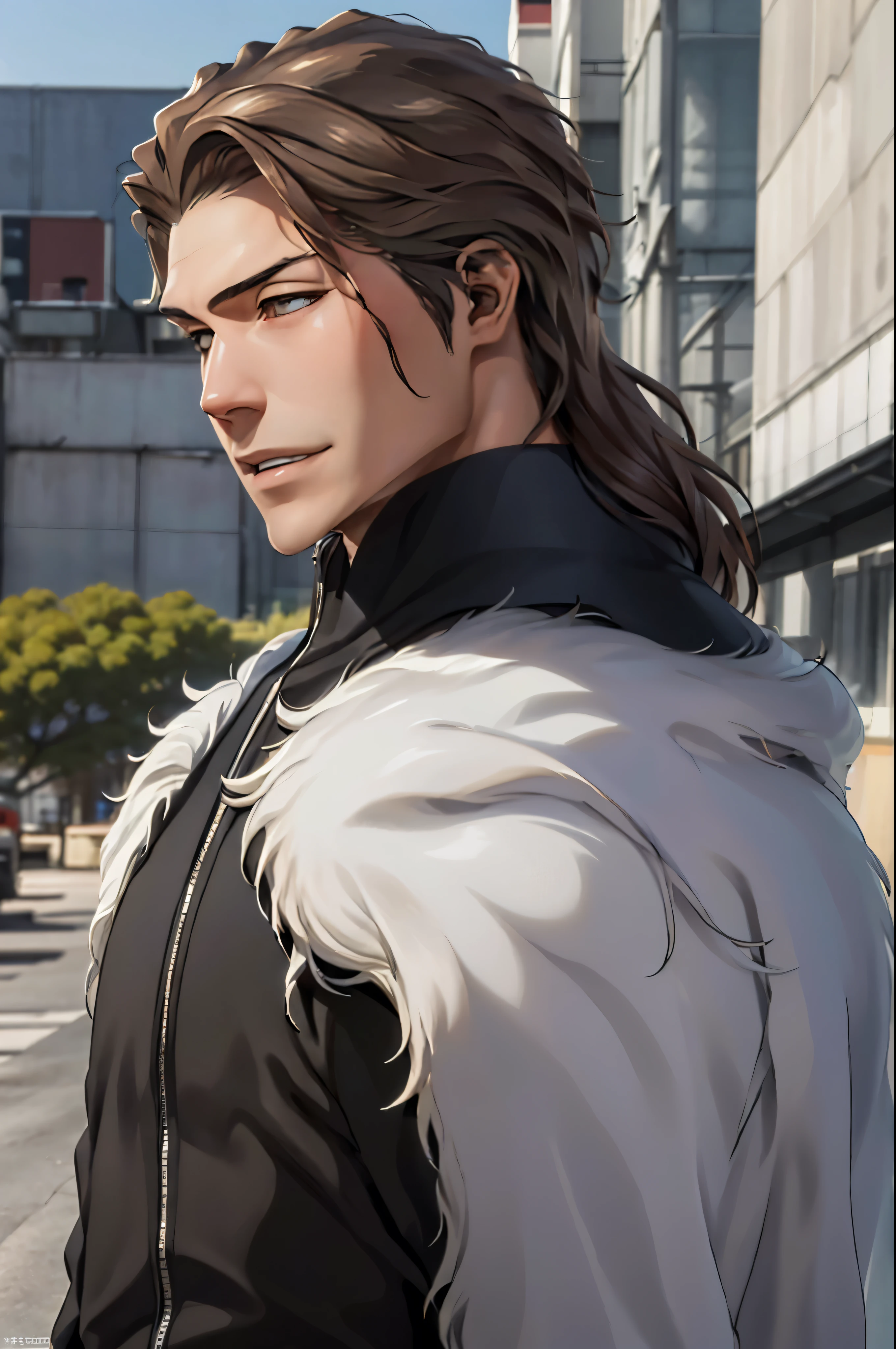 Aizen, (brown hair), black winter male overcoat black clothing,(masterpiece, best quality:1.2), cowboy shot, solo, male focus, 1boy, looking at viewer,dark formal suit, black formal outfit, black coat, walking straight,(photorealistic:1.4), (masterpiece, sidelighting, finely detailed beautiful eyes: 1.2),black leather gloves,masterpiece, best quality, ultra high res, highly detailed,