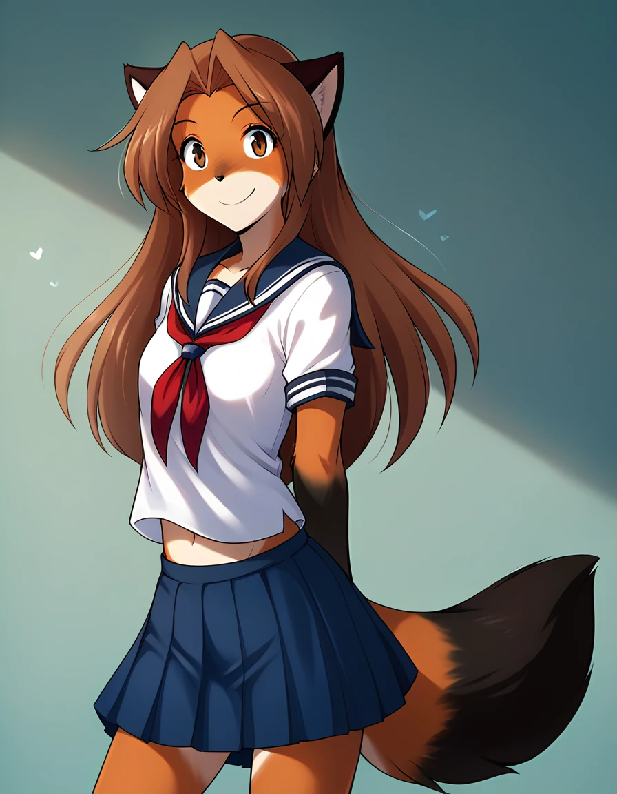 score_9, score_8_up, score_7_up, score_6_up, score_5_up, score_4_up, rating_explicit, source_furry, female, cute anthro female, cute face, detailed background, looking at viewer, solo, solo focus, (no nipples, no vagina:1.2), (digital pen line-art, soft lines, soft shading, pinup, cartoon, anime:1.2), small breasts, long hair, tklaura,fox tail,skirt, (psycho, creepysmile:1.1), (school uniform:1.4), school hall