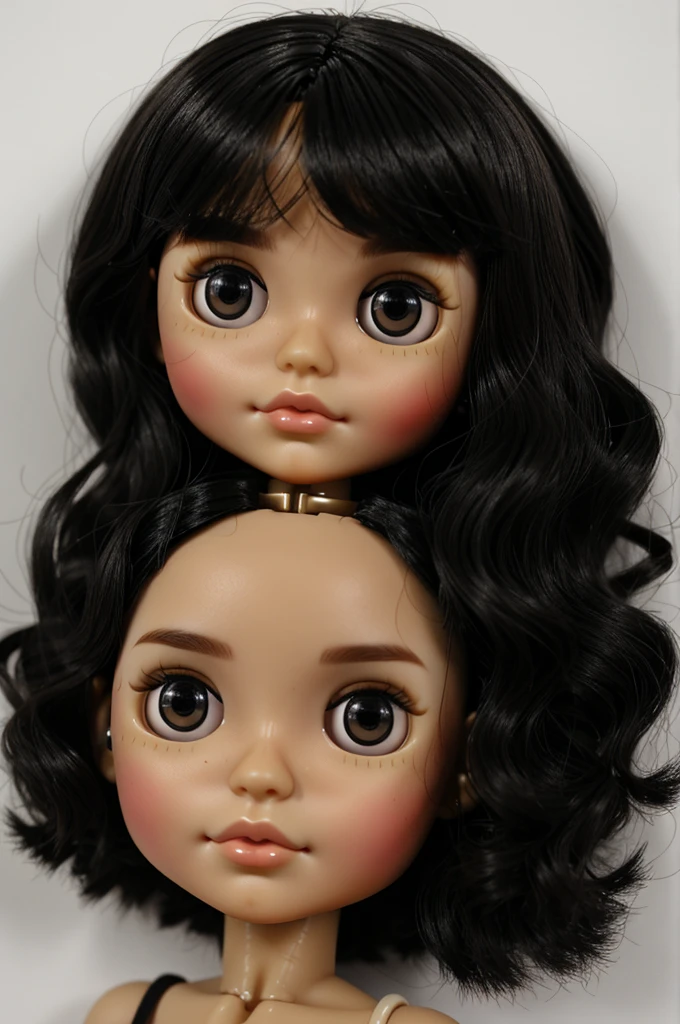 Blythe Doll with black eyes, short wavy black hair, tan skin.