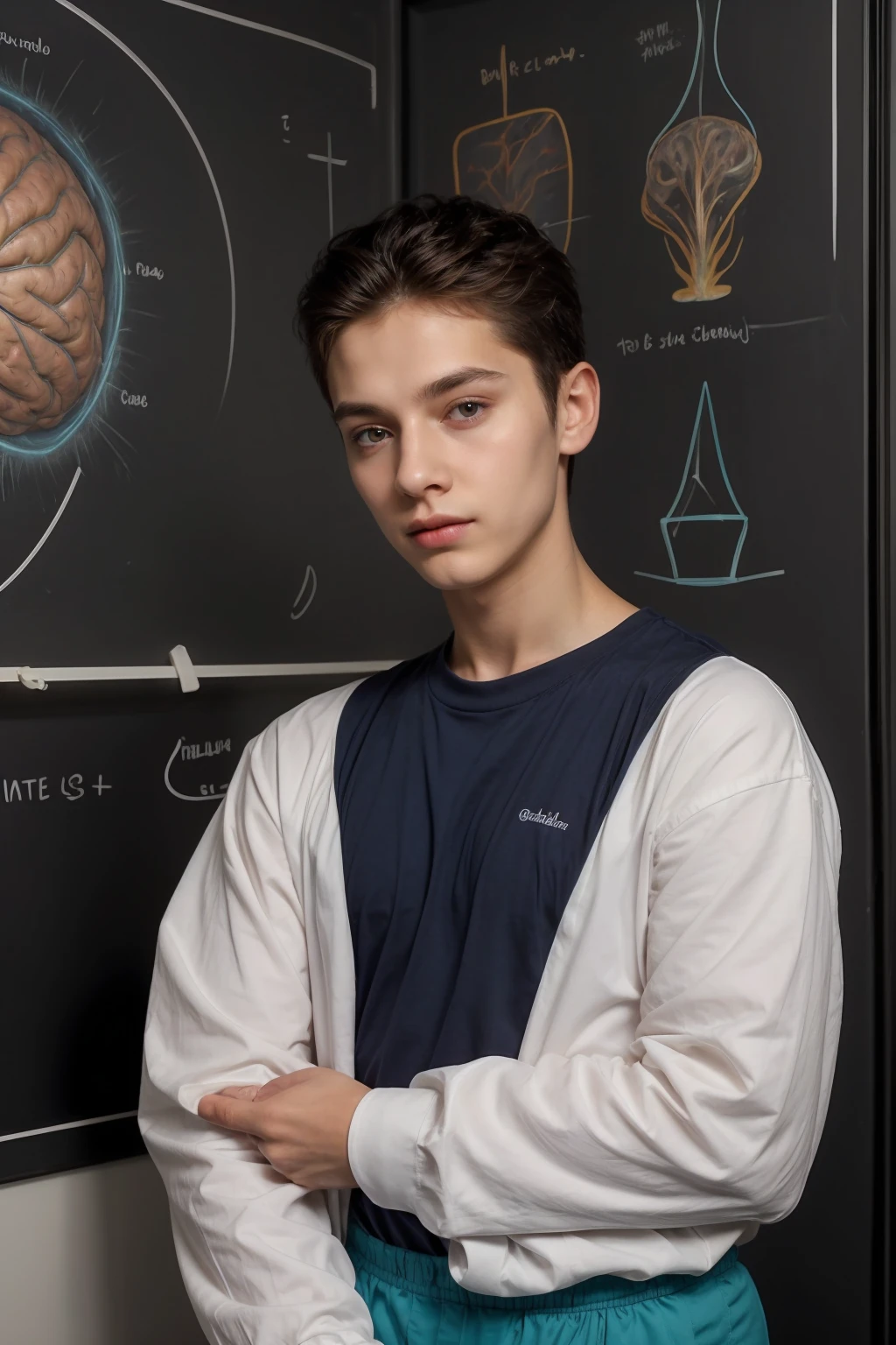 A beautiful young male twink, cute, with black hair and a face with reddish makeup, wearing a bright white long-sleeved shirt and aqua blue pants, and he is in his office, and behind him is a blackboard on which is written the shape of the brain and its anatomy, and nuclear energy comes out of it, and he has an innocent face with makeup.  And red cheeks