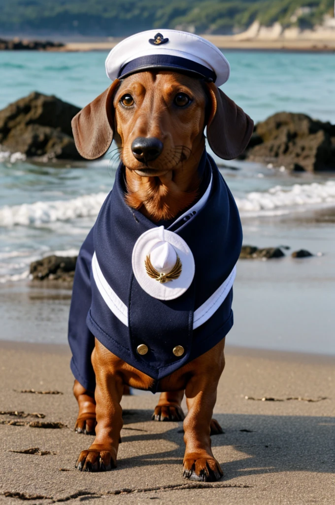 Dachshund with sailor hat on the seashore