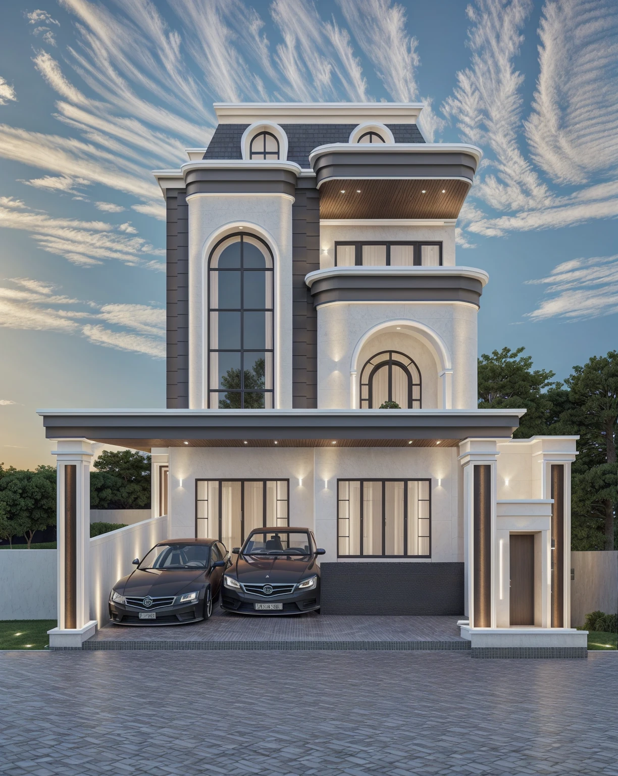 PLATFORM KTHOUSE, 1 morden villa, slope roof, main material of villa about build color wall:1.2 glass panel:1.1 and stone:1.2, 1large yard, 1 road runs in front of the house, (RAW photo, real, best quality, masterpiece:1.2), look morden minimalist, 1 road in front of the house, dynamic lighting:1.3, (hyper realistic, photo-realistic:1.2), high quality, (dark lighting:1.2), perfect lighting, archdaily, no human, light at 12 noon, light in door:1.2