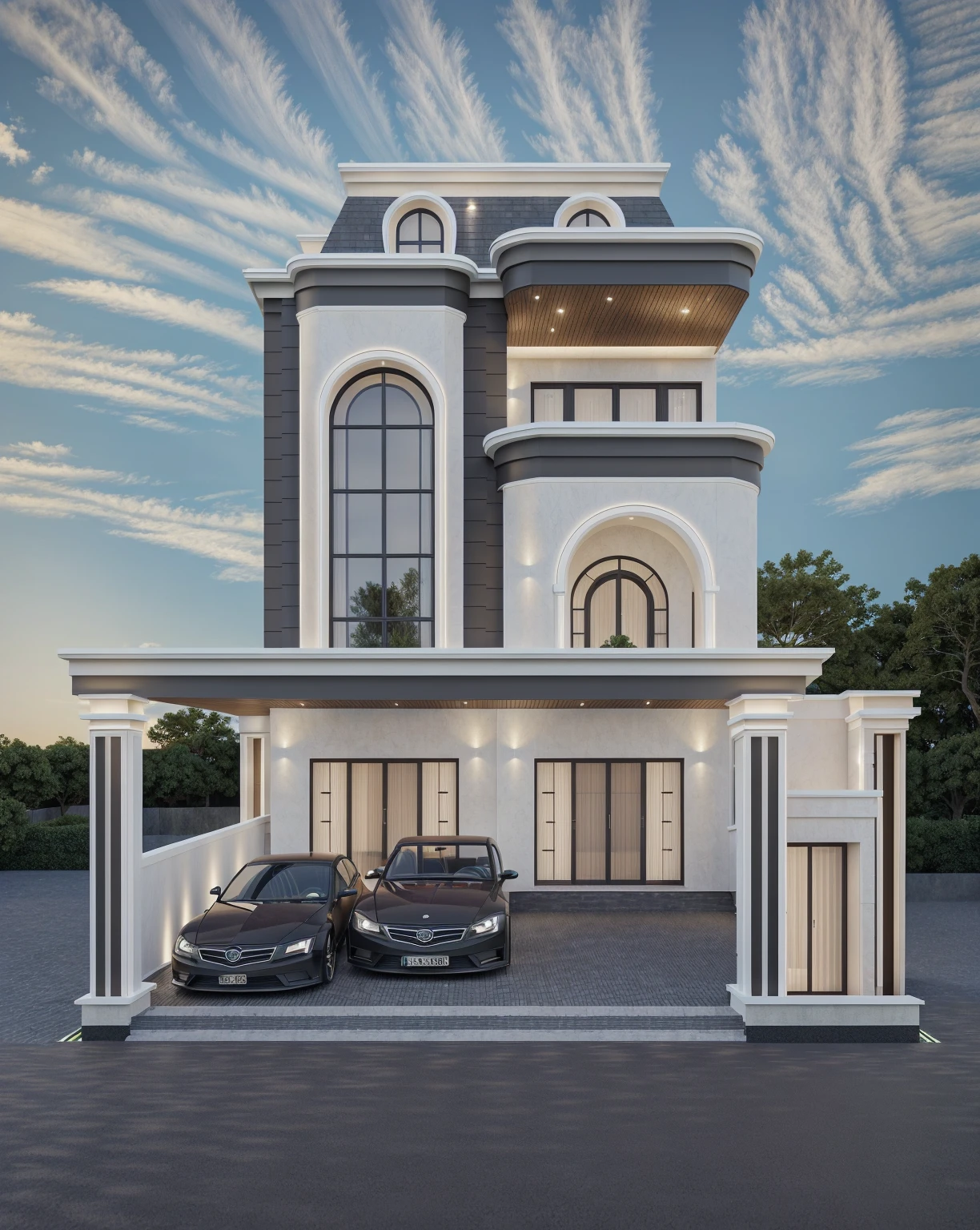 PLATFORM KTHOUSE, 1 morden villa, slope roof, main material of villa about build color wall:1.2 glass panel:1.1 and stone:1.2, 1large yard, 1 road runs in front of the house, (RAW photo, real, best quality, masterpiece:1.2), look morden minimalist, 1 road in front of the house, dynamic lighting:1.3, (hyper realistic, photo-realistic:1.2), high quality, (dark lighting:1.2), perfect lighting, archdaily, no human, light at 12 noon, light in door:1.2