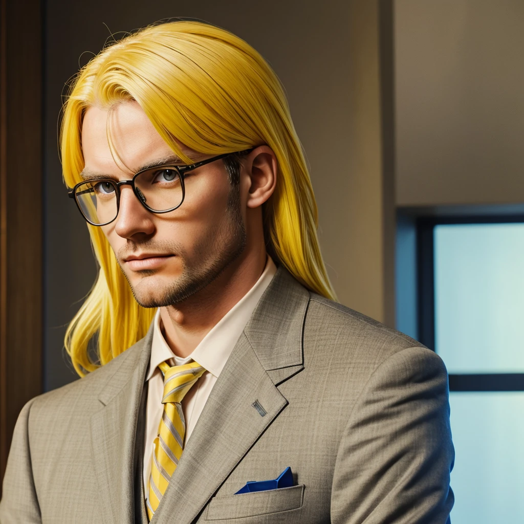 Tall guy with glasses in a suit, having a two-colored, yellow hair and close-up, bright yellow eyes holding a pistol gun