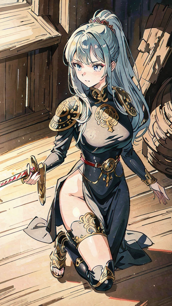  a woman with long hair and a sword, medieval armor, detailed anime art, Detailed art from the main anime, intricate manga drawing, the Queen of Blades, hyper detailed manga drawing, high detailed official artwork, stunning manga art style, trends on artstation pixiv, detailed anime artwork, Queen of Blades, clean detailed anime art, black and white manga style