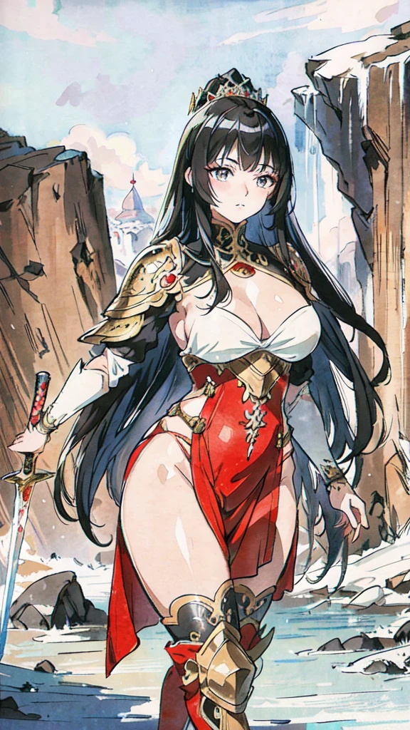  a woman with long hair and a sword, european medieval armor, cave bottom, detailed anime art, Detailed art from the main anime, intricate manga drawing, the Queen of Blades, hyper detailed manga drawing, high detailed official artwork, stunning manga art style, trends on artstation pixiv