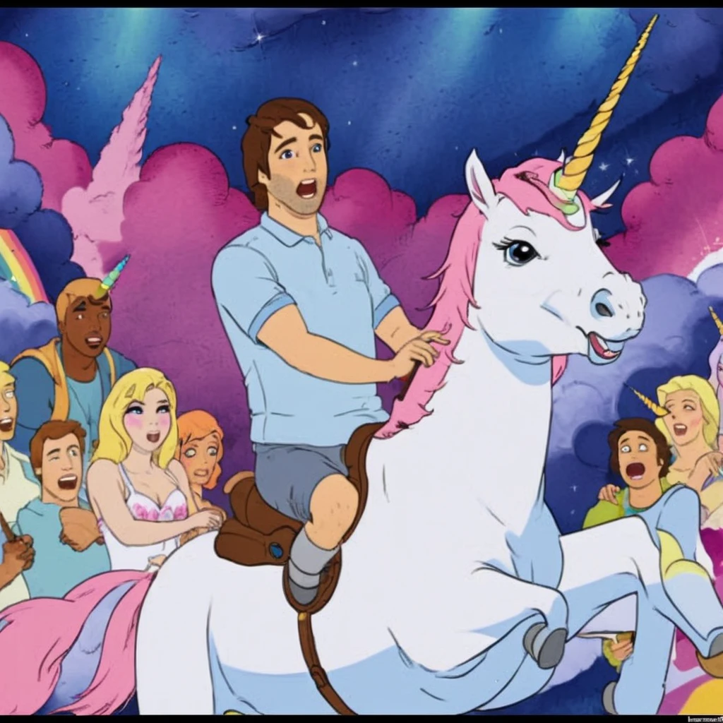 the guy rides a unicorn, everyone around is in shock