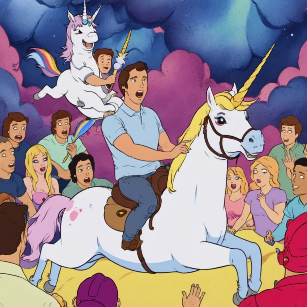 the guy rides a unicorn, everyone around is in shock