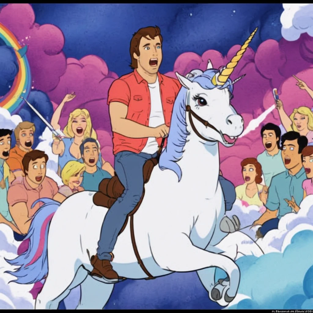 the guy rides a unicorn, everyone around is in shock
