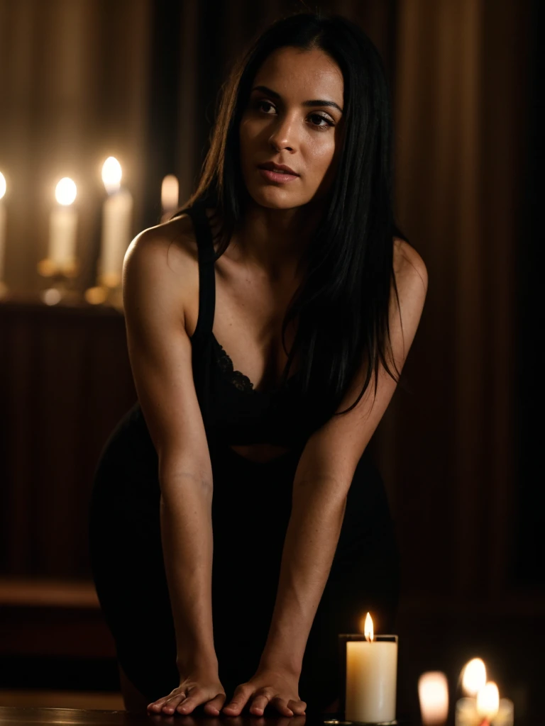 cinematic film still realistic, photorealistic, award winning photo , Long Shot, 30 years old Latin woman with long black hair, athletic body in praying position with  Joined hands, dark background illuminated only with a candle., cinematic shot + dynamic composition, incredibly detailed, sharpen, details + intricate detail + professional lighting, film lighting + 35mm + anamorphic + lightroom + cinematography + bokeh + lens flare + film grain + HDR10 + 8K + Roger Deakins, ((cinematic)) . shallow depth of field, vignette, highly detailed, high budget Hollywood movie, bokeh, cinemascope, moody, epic, gorgeous, film grain, grainy