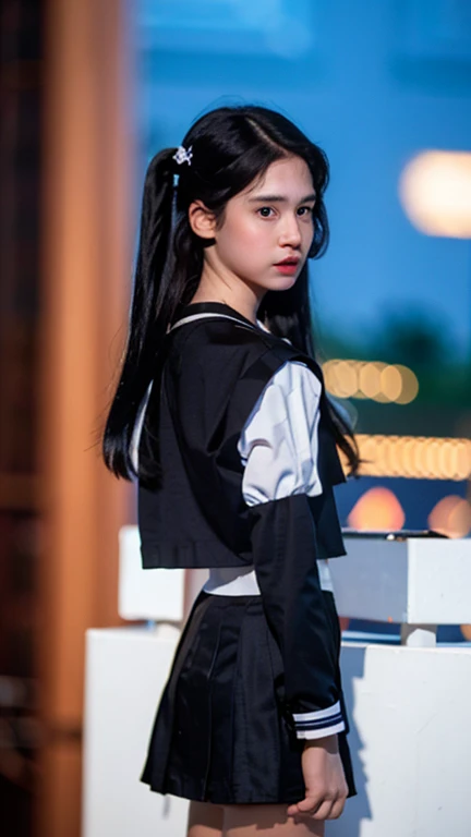 Masterpiece, best quality, ultra high res, realistic, (photorealistic:1.4), photography, rule of third, 1girl, (the girl wearing black sailor uniform), night, city light, cinematic lighting, 80s filter, detailed face , looking at viewer, front view, 80s movie, profile picture, back side, look away