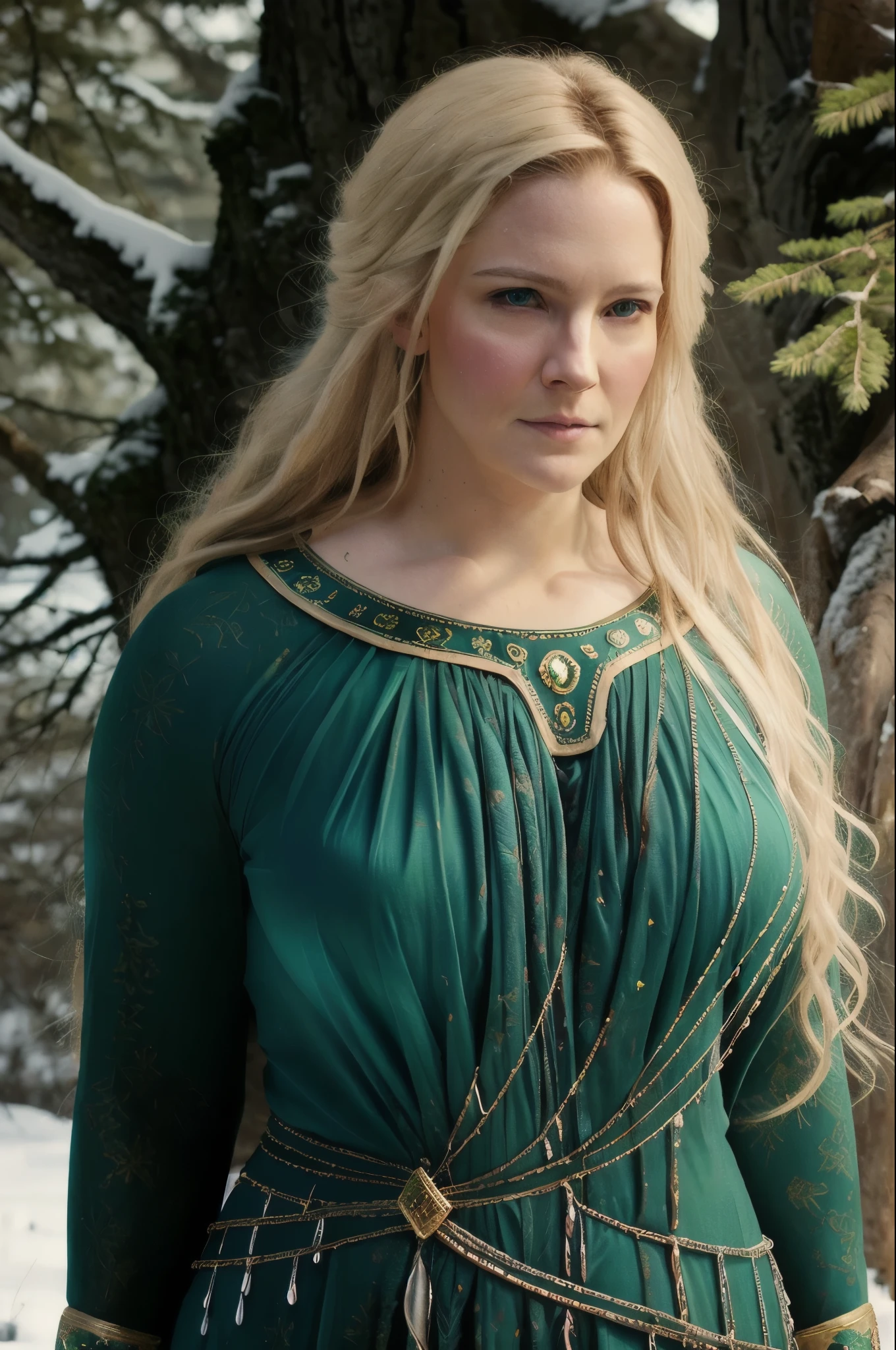 portrait painting of 1girl, 45 years old Woman, thick figure, heavy physique, massive breast, wide hips, Full figured woman, galadriel, elf, blonde hair, blue eyes, green dress,detailed skin, fantasy, snowy nordic forest, modelshoot style, (extremely detailed CG), photo of beautiful artwork, (Antonio Moro), (Jeremy Mann), High Detail, Sharp focus, dramatic, oil painting, realistic