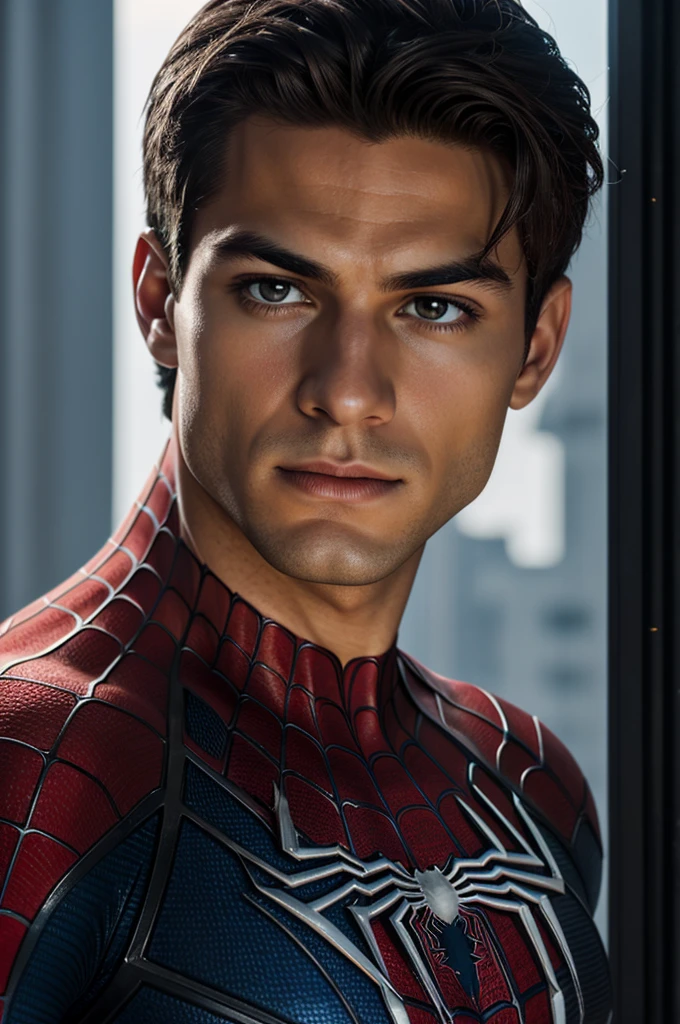 A photograph of Spider-Man., sin mascara, the 20s, elegant, detailed face, looking to the camera, portrait, 8k hd, high quality
