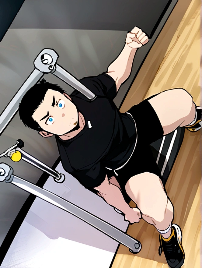 Man in black, doing exercise, offwhite, blue colored eyes, Cao Cao, a little chubby, sitting in the gym 