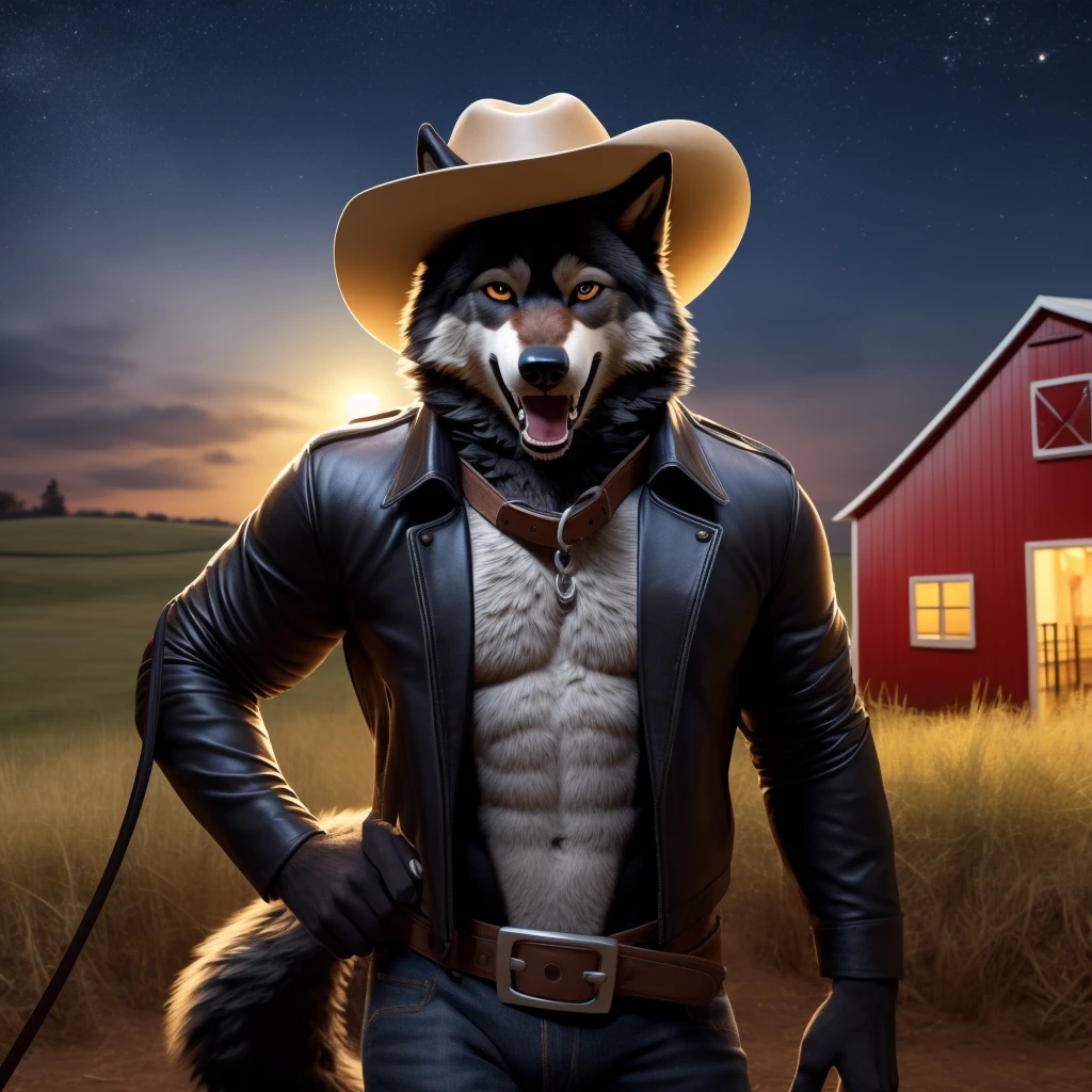 Leaning against barn, Male, 30 years old, happy, mouth open with tongue hanging out, black leather jacket, anthro, wolf ears coming through cowboy hat, (black fur:1.5), wolf, farm background , 8k, hi res, (best quality, masterpiece), (wolf tail:1.5), detailed fur, solo, looking at camera, night, leashing and collar, large Cowboy hat, 