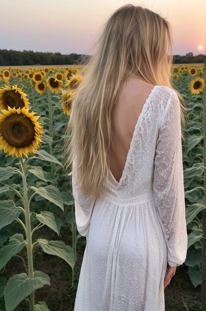 A 18-year-old blonde woman, ((hiperrealismo))textured skin, goosebumps, perfect eyes. Blonde hair with light brown roots. cabello rubio, Hair with brown roots, extra long hair, really long hair. photo taken with iPhone, Porta 160 color. Provocative pose. Skinny small girl. Sunflowers field background, but sunflowers. Wearing pretty white nightgown, wearing white nightgown, long sleeves. Back view of the body and head, as she watches the pink sunset. BACK VIEW. Pulling dress up (showing butt), bending over