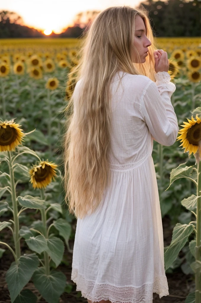 A 18-year-old blonde woman, ((hiperrealismo))textured skin, goosebumps, perfect eyes. Blonde hair with light brown roots. cabello rubio, Hair with brown roots, extra long hair, really long hair. photo taken with iPhone, Porta 160 color. Provocative pose. Skinny girl. Sunflowers field background, but sunflowers. Wearing pretty white nightgown, wearing white nightgown, long sleeves. Back view of the body and head, as she watches the pink sunset. BACK VIEW