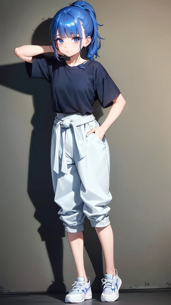 1 very small girl, round face, very large detailed eyes, long eyelashes, blue hair with detailed ponytail, hands on waist, loose short-sleeved blouse, bare abdomen, watery cargo pants, Jordan Dior style sneakers, view of quality full body front,4k,