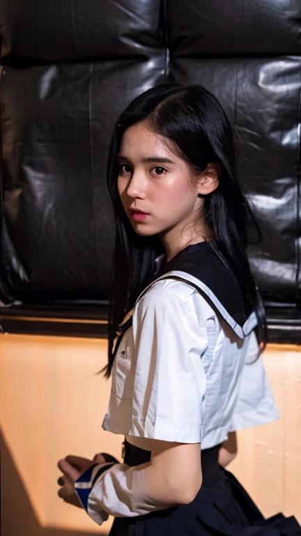 Masterpiece, best quality, ultra high res, realistic, (photorealistic:1.4), photography, rule of third, 1girl, (the girl wearing black sailor uniform), night, city light, cinematic lighting, 80s filter, detailed face , looking at viewer, front view, 80s movie, profile picture, look back