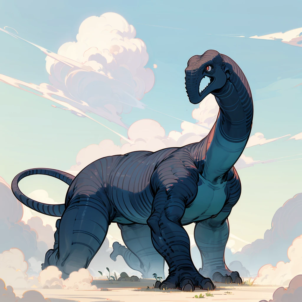 (Random Evolution), (Brontosaurus mixed with alien head and Titans body), full body version, red and blue color skins, (fat), (full black eyes), Grassroots, no background, (clouds)