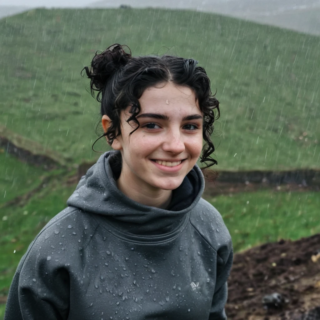 Black Curly bun black hair pale skin kurdish girl in sweatshirt standing on hill in country raining dirty smiling Roman nose