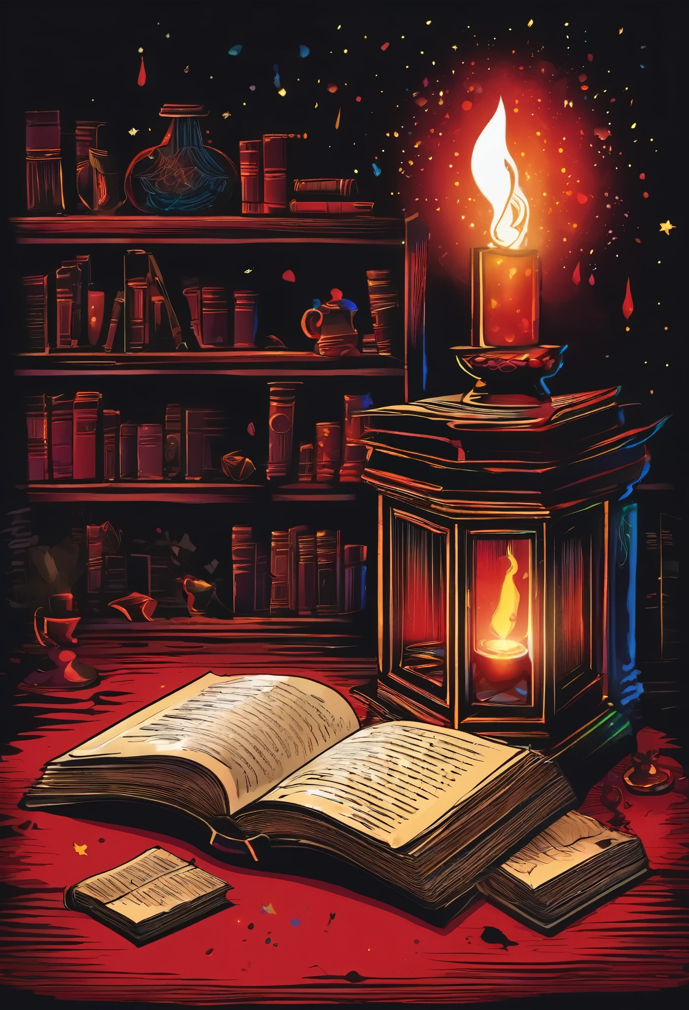 An illustration of an open magic book，emitting red light，There are many retro magic books and several colorful potion bottles on the floor in front of the magic books, bloodstains.，Studying a magic book，depuration、An atmosphere full of black magic，darkness background