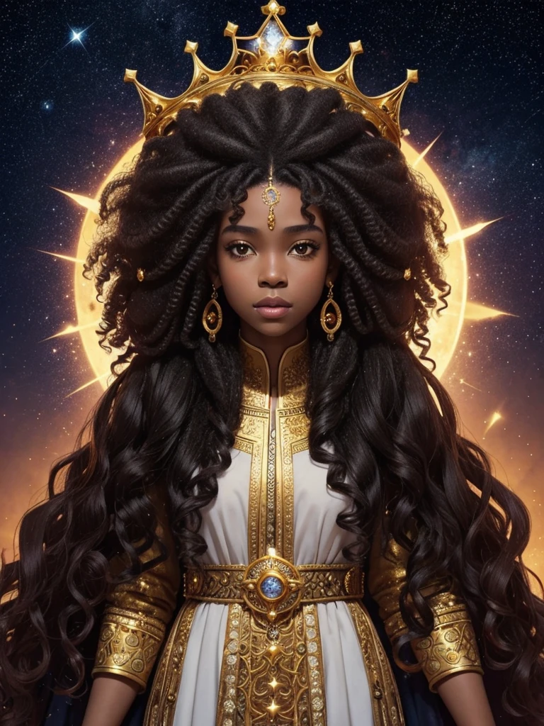 afro-descendant queen character with curly hair, wearing long clothes, personality would be, with golden crown on his head, wearing gold jewelry, starry sky around, cold face and features