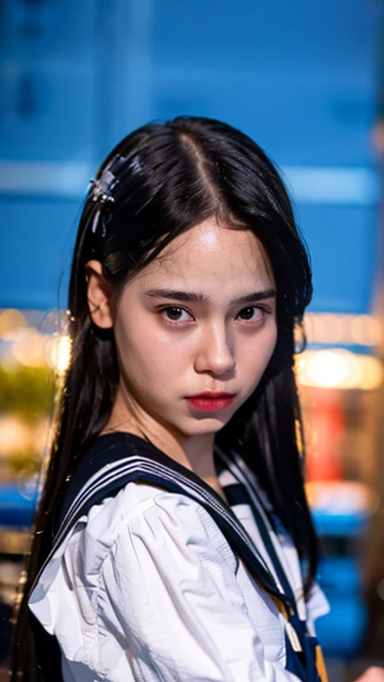 Masterpiece, best quality, ultra high res, realistic, (photorealistic:1.4), photography, rule of third, 1girl, (the girl wearing black sailor uniform), night, city light, cinematic lighting, 80s filter, detailed face , looking at viewer, front view, 80s movie, profile picture, portrait